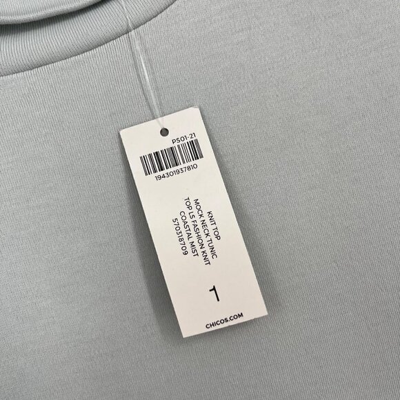 Chicos Mock Neck Tunic Knit Top Size M Coastal Mist Blue Gray Minimal Office NEW - Picture 6 of 12